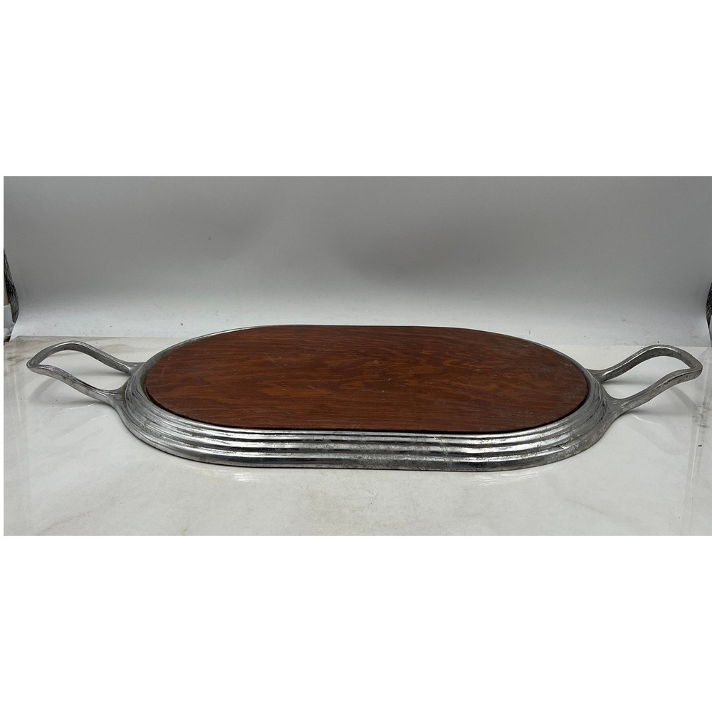 Vintage Wood Serving Tray Aluminum Handles Oval Platter Entertain